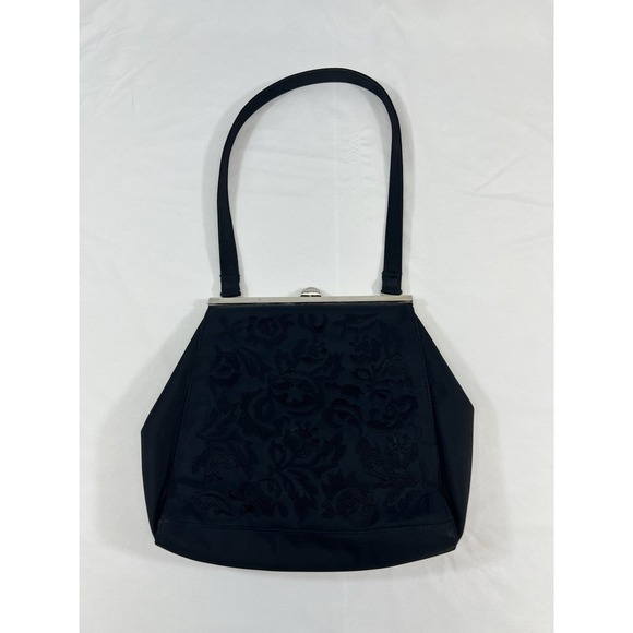 Vintage Style Black Floral Tapestry Clutch Shoulder Bag Satin Frame Purse Kiss L - Picture 1 of 4